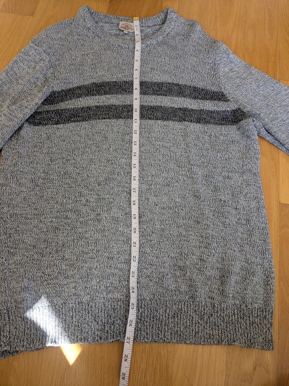 Faherty Heather Gray Crewneck Sweater with Dark Gray Chest Stripes